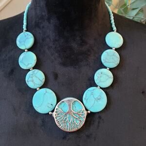 Womens Fashion Turquoise Magnesite Puff Coins Collar Necklace with Lobster Clasp